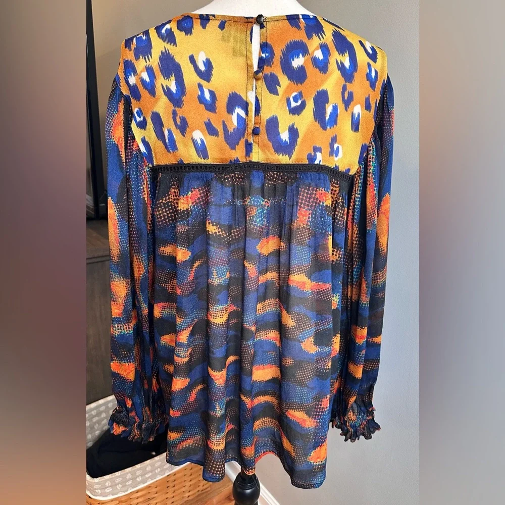 Anthropologie Blank London Eclectic Leopard Peasant Blouse Blue Orange Medium - Picture 8 of 12